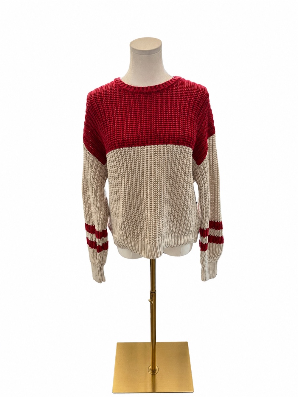 Z Supply Colorblock Chunky Knit Sweater Red Cream Striped Sleeve Size M